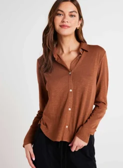 Bella Dahl Long Sleeve Knit Button Down - Twilight Gold- Essentials Tops