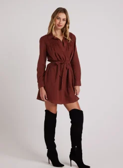 Bella Dahl Long Sleeve Pintuck Dress - Cherry Mahogany- Short Dresses