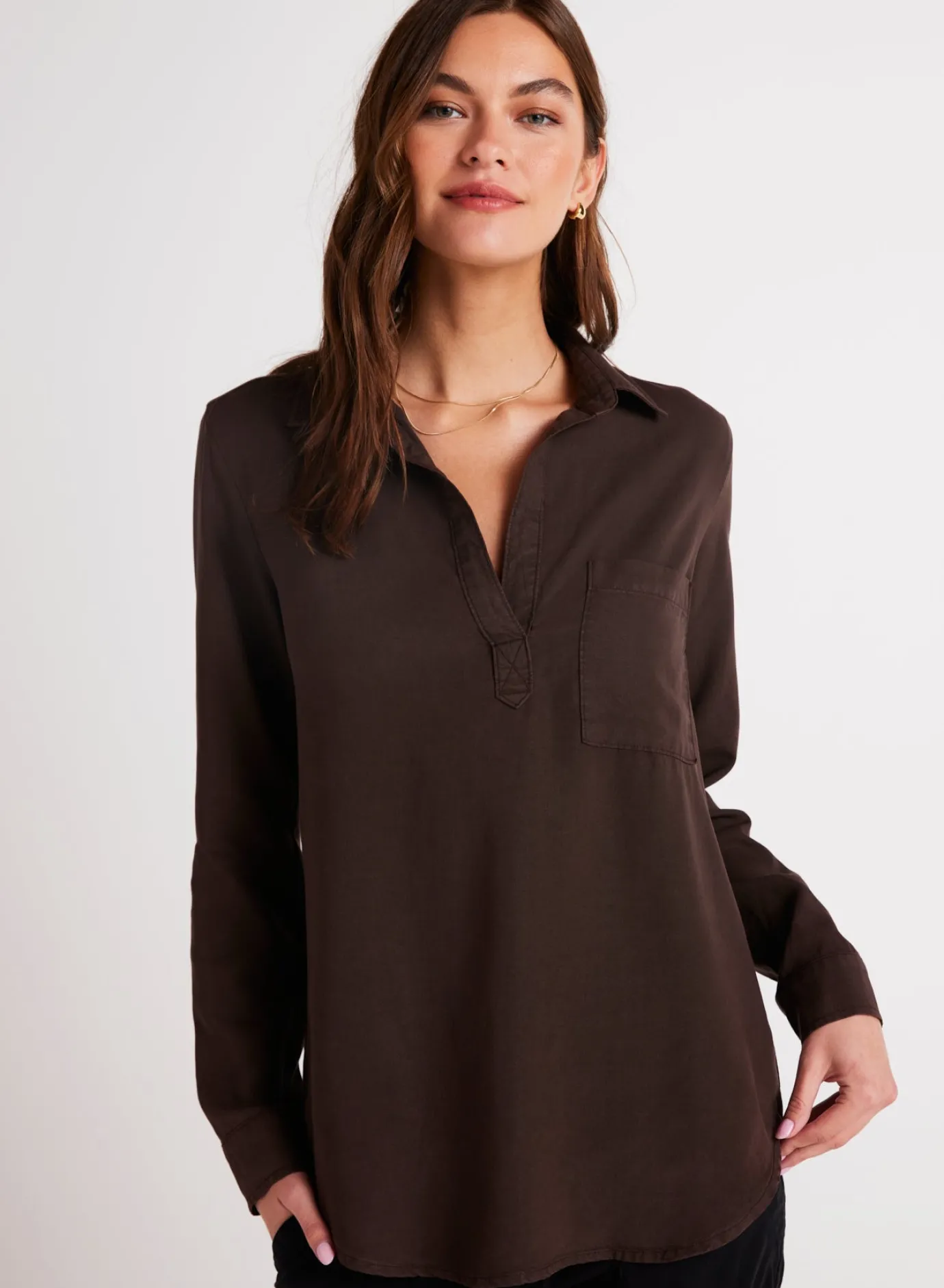 Bella Dahl Long Sleeve Pullover Tunic - Chestnut Brown- Essentials Tops
