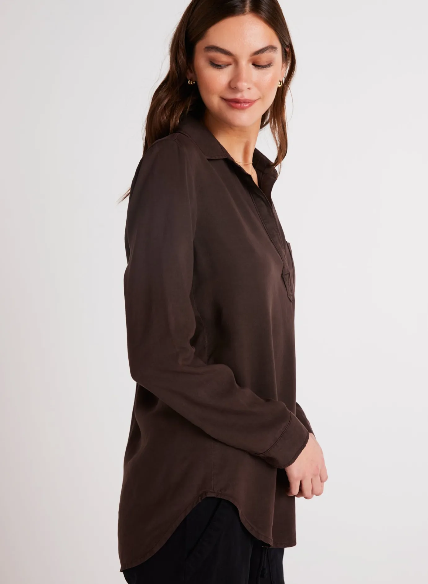 Bella Dahl Long Sleeve Pullover Tunic - Chestnut Brown- Essentials Tops
