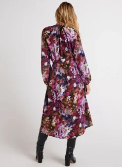 Bella Dahl Long Sleeve Raglan Midi Dress - Twilight Fleur Print- Long Dresses
