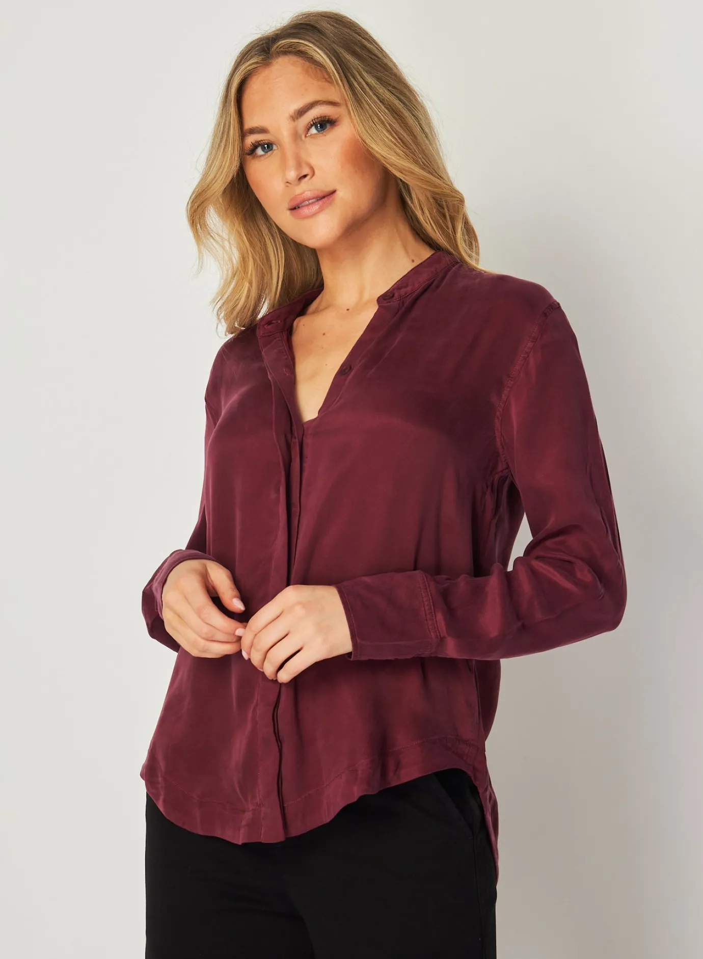 Bella Dahl Mandarin Collar Button Down - Deep Plum- Long Sleeve