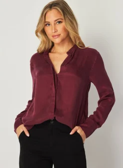 Bella Dahl Mandarin Collar Button Down - Deep Plum- Long Sleeve