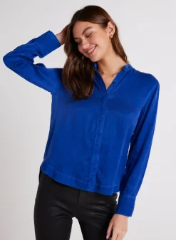 Bella Dahl Mandarin Collar Button Down - Rich Cobalt- Long Sleeve