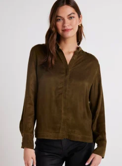 Bella Dahl Mandarin Collar Button Down - Autumn Olive- Long Sleeve
