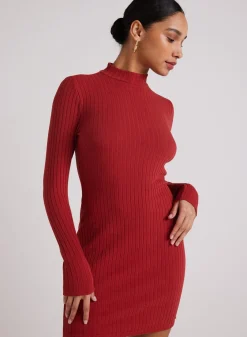 Bella Dahl Mini Mock Neck Dress - Red Mahogany- Short Dresses