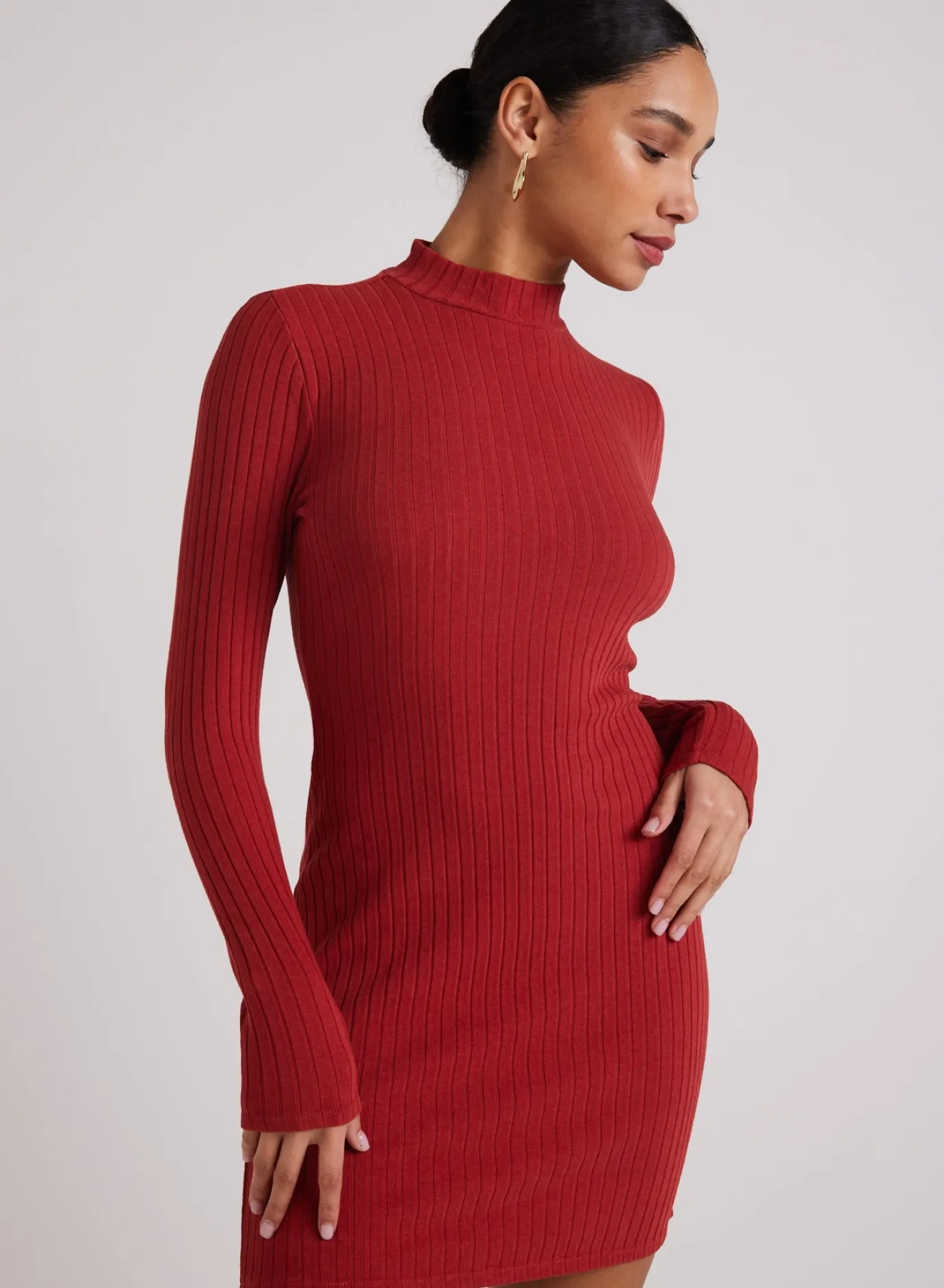 Bella Dahl Mini Mock Neck Dress - Red Mahogany- Short Dresses