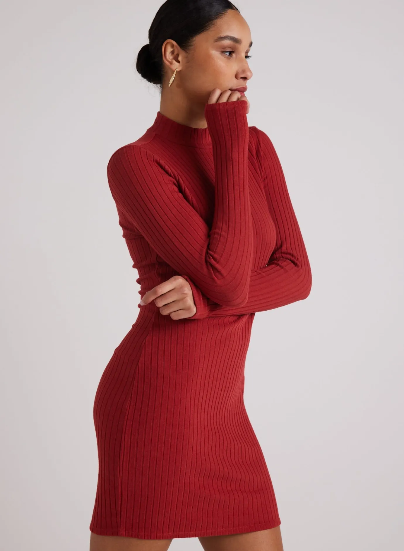 Bella Dahl Mini Mock Neck Dress - Red Mahogany- Short Dresses