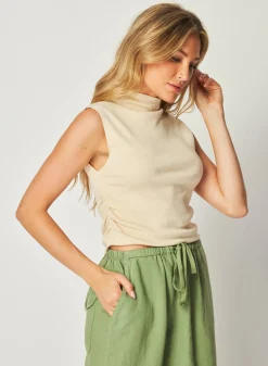 Bella Dahl Mock Neck Linen Jersey Top - Seashell Sand- Sleeveless