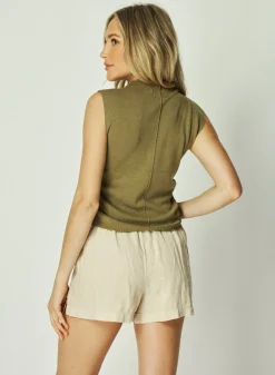 Bella Dahl Mock Neck Linen Jersey Top - Dried Herb- Sleeveless