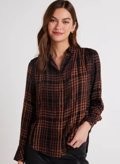 Bella Dahl Pleated Button Down Shirt - Autumn Ember Plaid- Long Sleeve