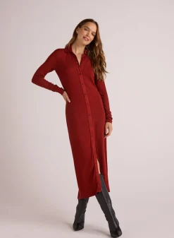 Bella Dahl Rib Button Down Shirt Dress - Rustic Red- Long Dresses