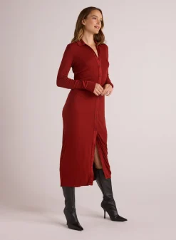 Bella Dahl Rib Button Down Shirt Dress - Rustic Red- Long Dresses