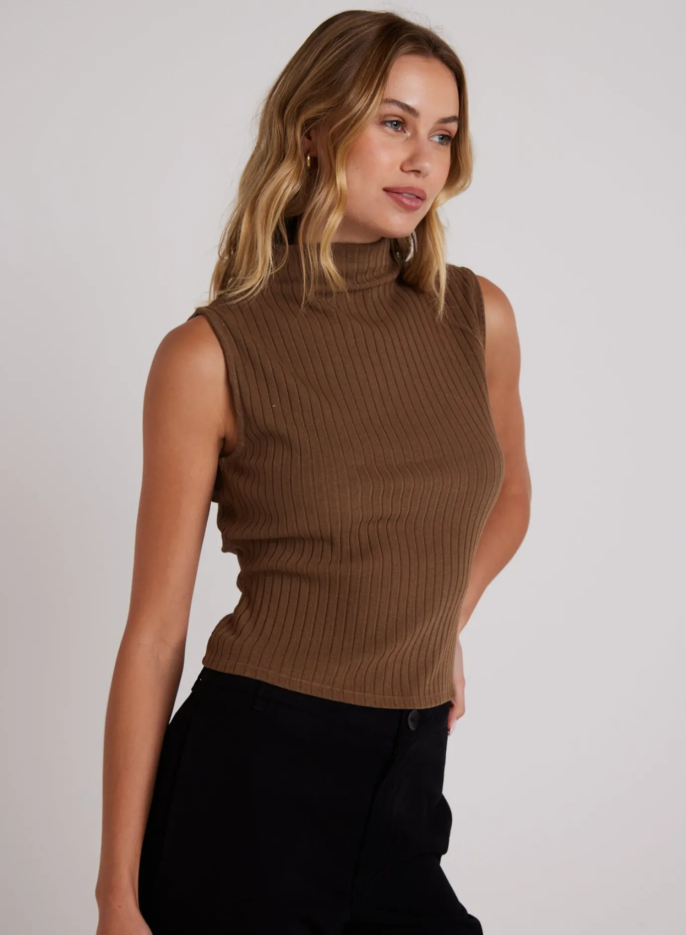 Bella Dahl Rib Mock Neck Top - Olive Bronze- Sleeveless