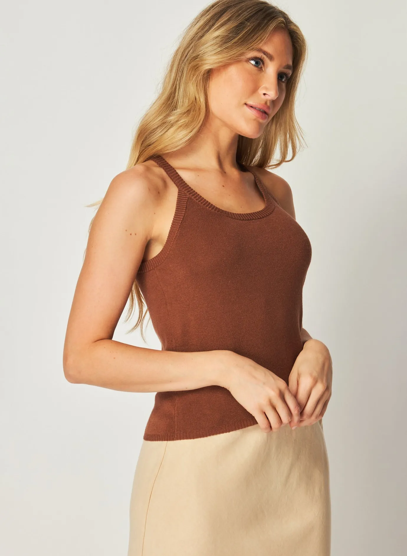 Bella Dahl Rounded Neck Linen Jersey Tank - French Espresso- Sleeveless