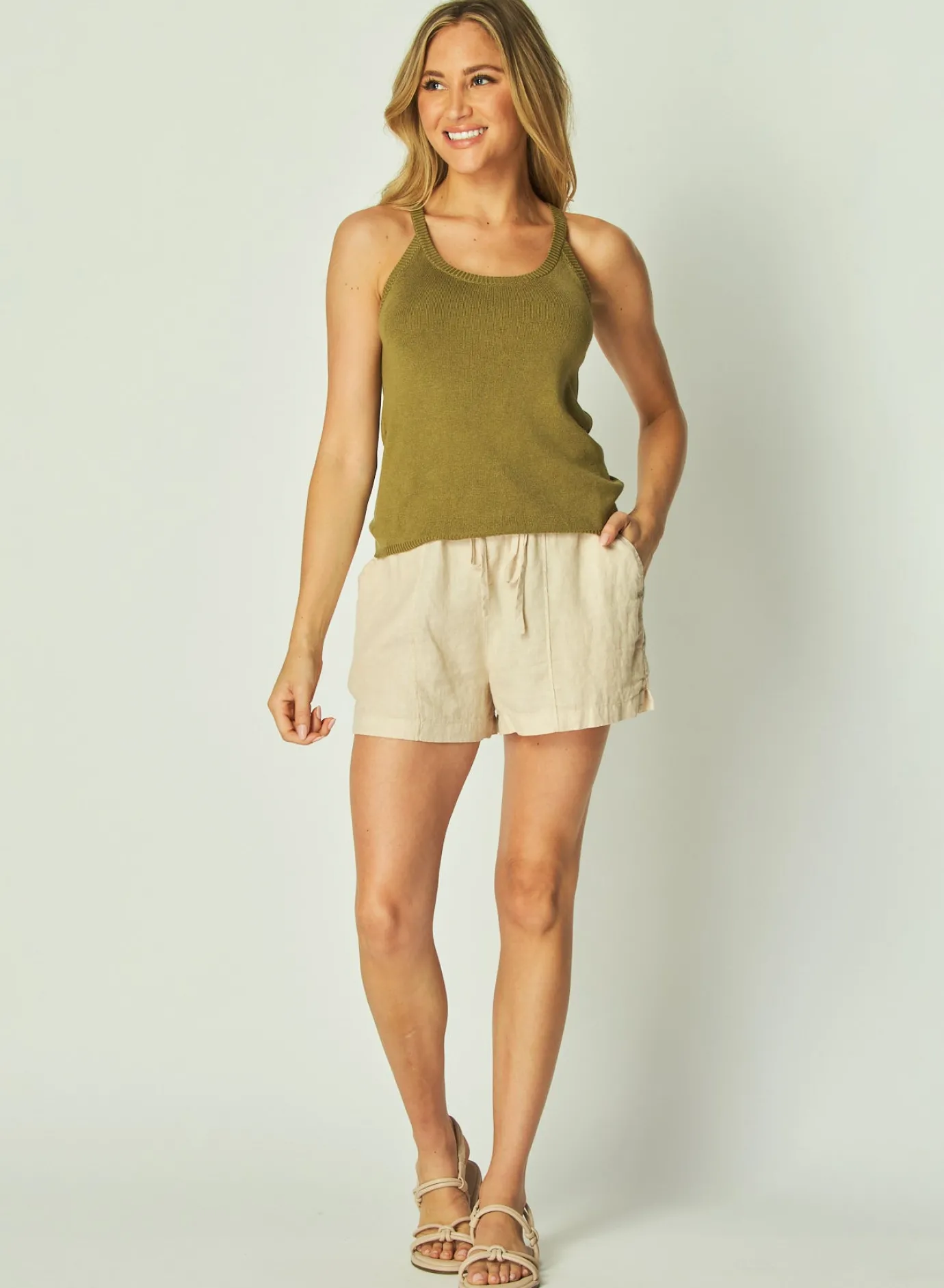 Bella Dahl Rounded Neck Linen Jersey Tank - Dried Herb- Sleeveless