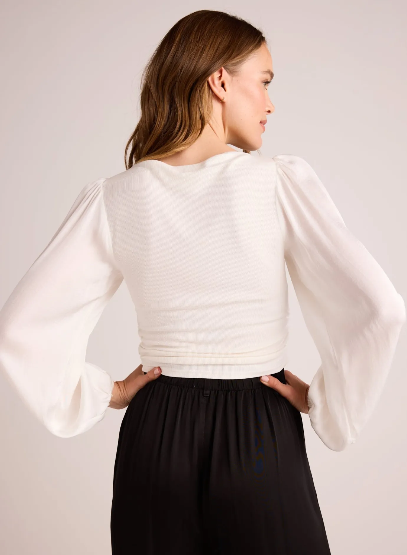 Bella Dahl Ruched Waist Flowy Sleeve Top - Winter White- Long Sleeve
