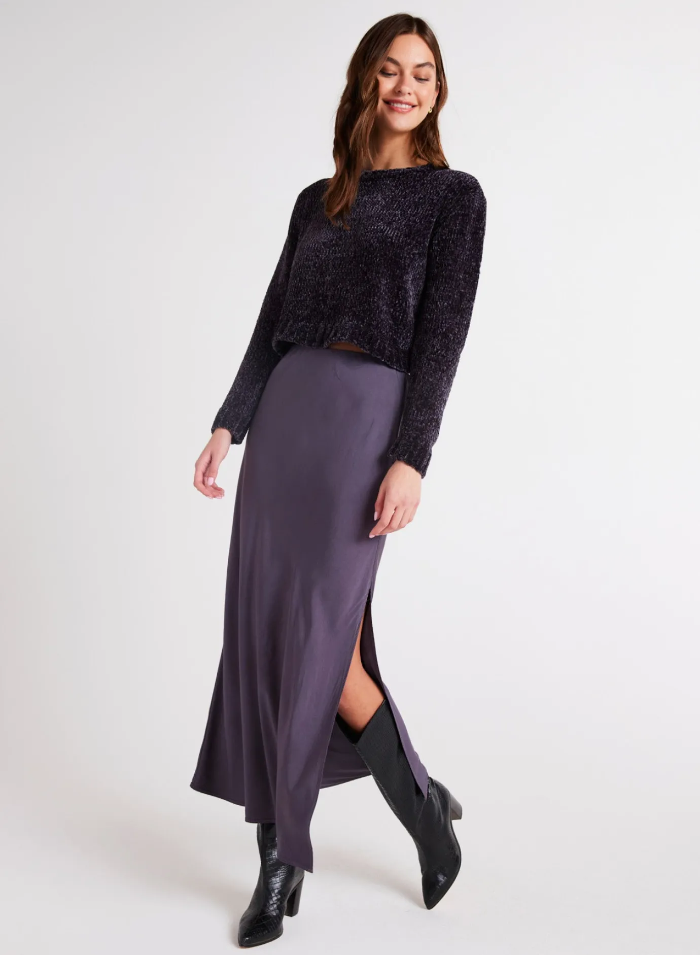 Bella Dahl Satin Side Slit Maxi Skirt - Galaxy Smoke- Essentials Bottoms