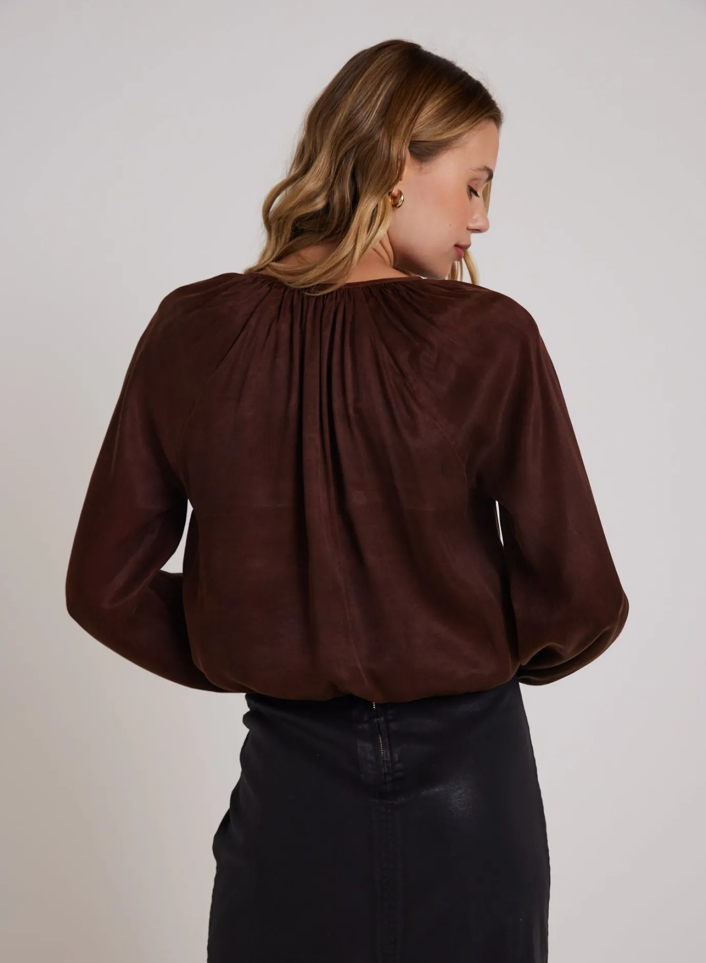 Bella Dahl Shirred Button Front Blouse - Mahogany Brown- Long Sleeve