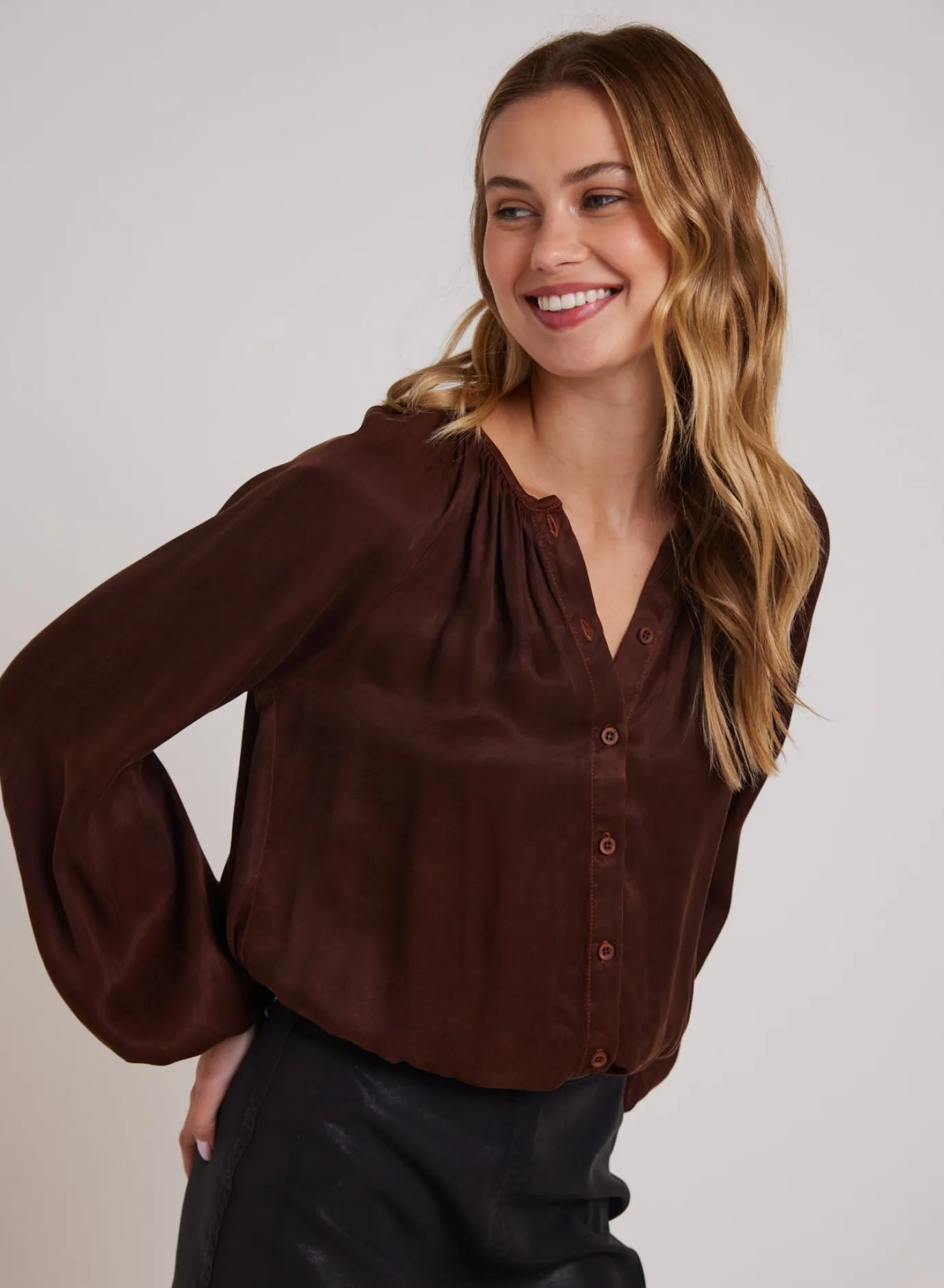 Bella Dahl Shirred Button Front Blouse - Mahogany Brown- Long Sleeve