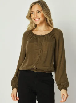 Bella Dahl Shirred Button Front Blouse - Autumn Olive- Long Sleeve
