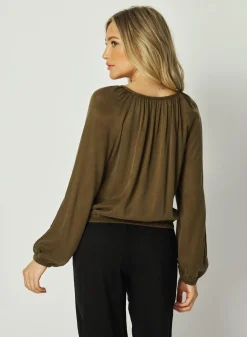 Bella Dahl Shirred Button Front Blouse - Autumn Olive- Long Sleeve