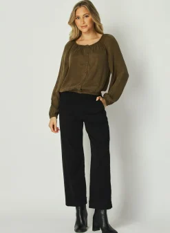 Bella Dahl Shirred Button Front Blouse - Autumn Olive- Long Sleeve