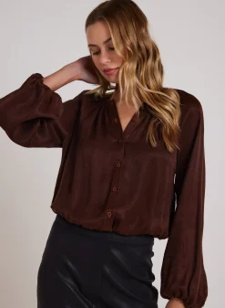 Bella Dahl Shirred Button Front Blouse - Mahogany Brown- Button Down