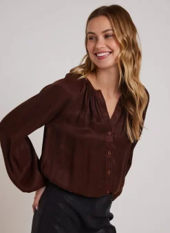 Bella Dahl Shirred Button Front Blouse - Mahogany Brown- Button Down