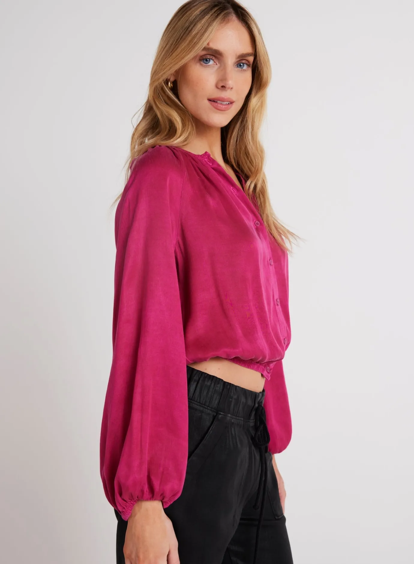 Bella Dahl Shirred Button Front Blouse - Fuchsia Berry- Button Down