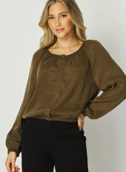 Bella Dahl Shirred Button Front Blouse - Autumn Olive- Button Down