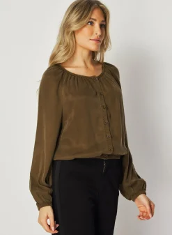 Bella Dahl Shirred Button Front Blouse - Autumn Olive- Button Down
