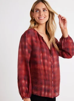 Bella Dahl Shirred Neck Blouse - Blurred Plaid Print- Long Sleeve