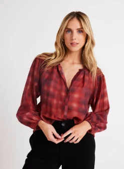 Bella Dahl Shirred Neck Blouse - Blurred Plaid Print- Button Down