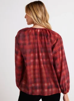 Bella Dahl Shirred Neck Blouse - Blurred Plaid Print- Button Down