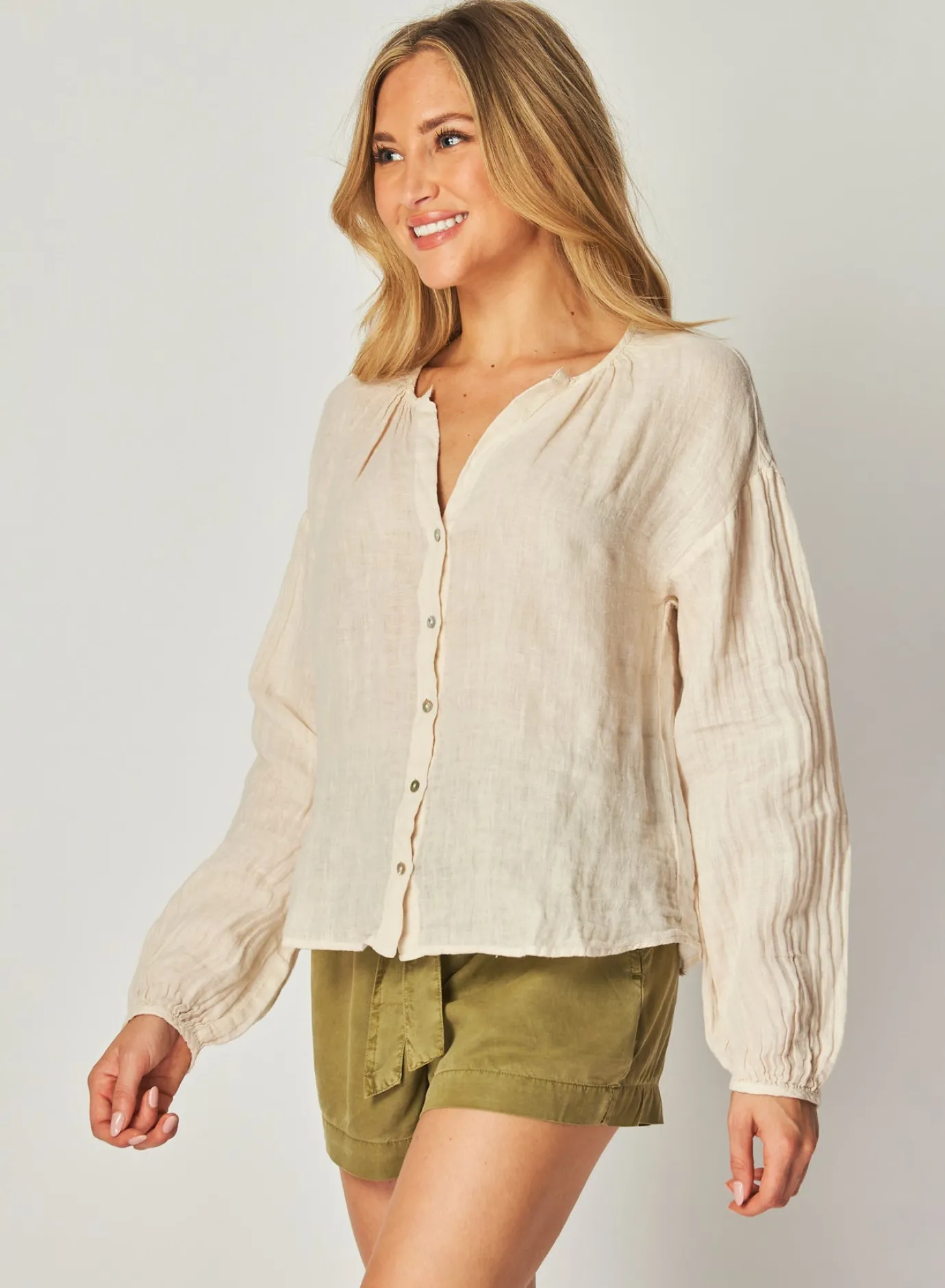 Bella Dahl Shirred Neck Blouse - Samba Tan- Long Sleeve