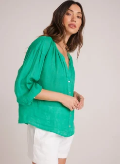Bella Dahl Shirred Neck Blouse - Tropical Green- Long Sleeve