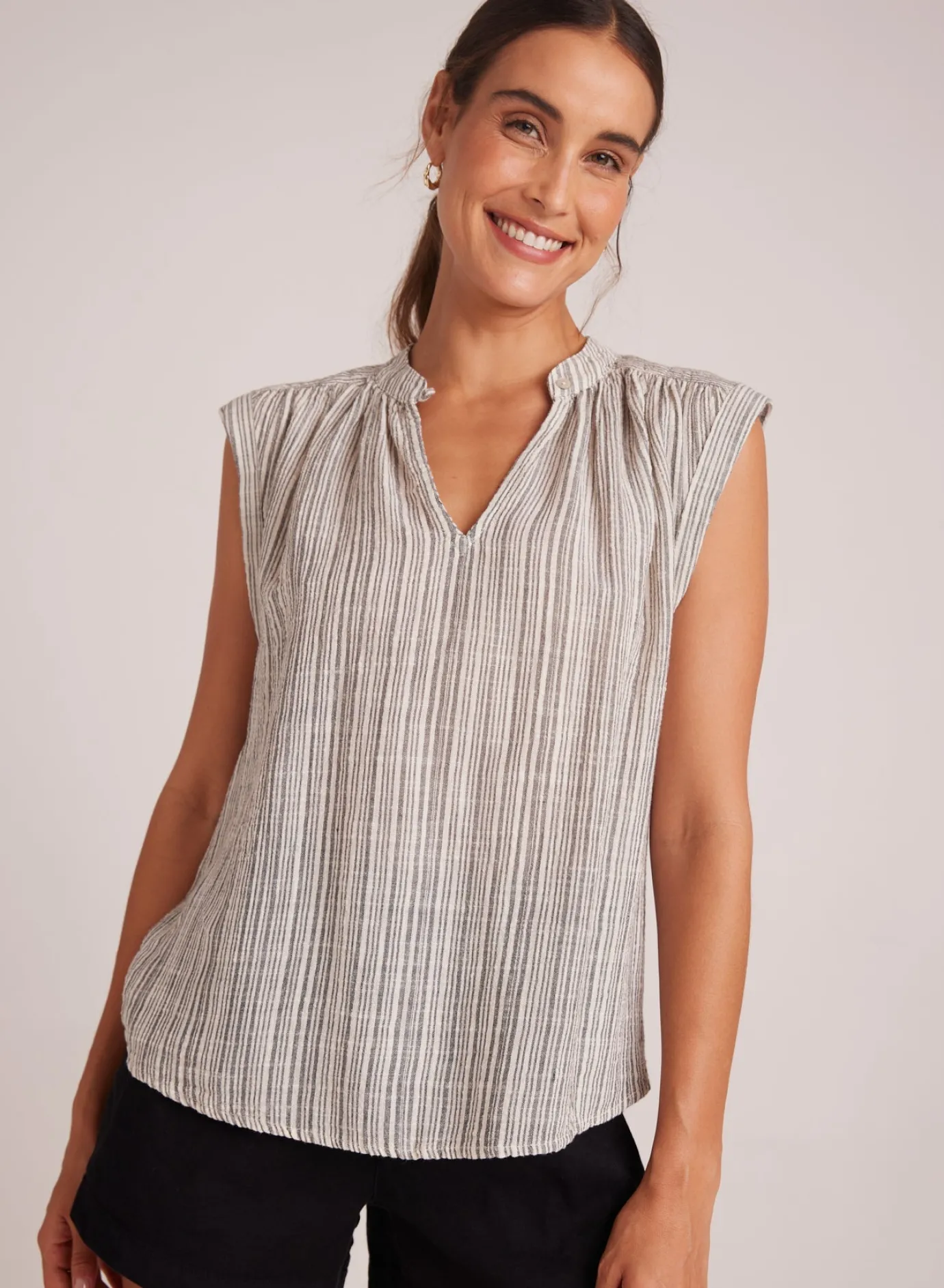 Bella Dahl Shirred Pullover Cap Sleeve - Eze Slub Stripe- Sleeveless