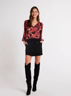 Bella Dahl Shirred Raglan Tie Front Blouse - Autumn Bloom Print- Long Sleeve