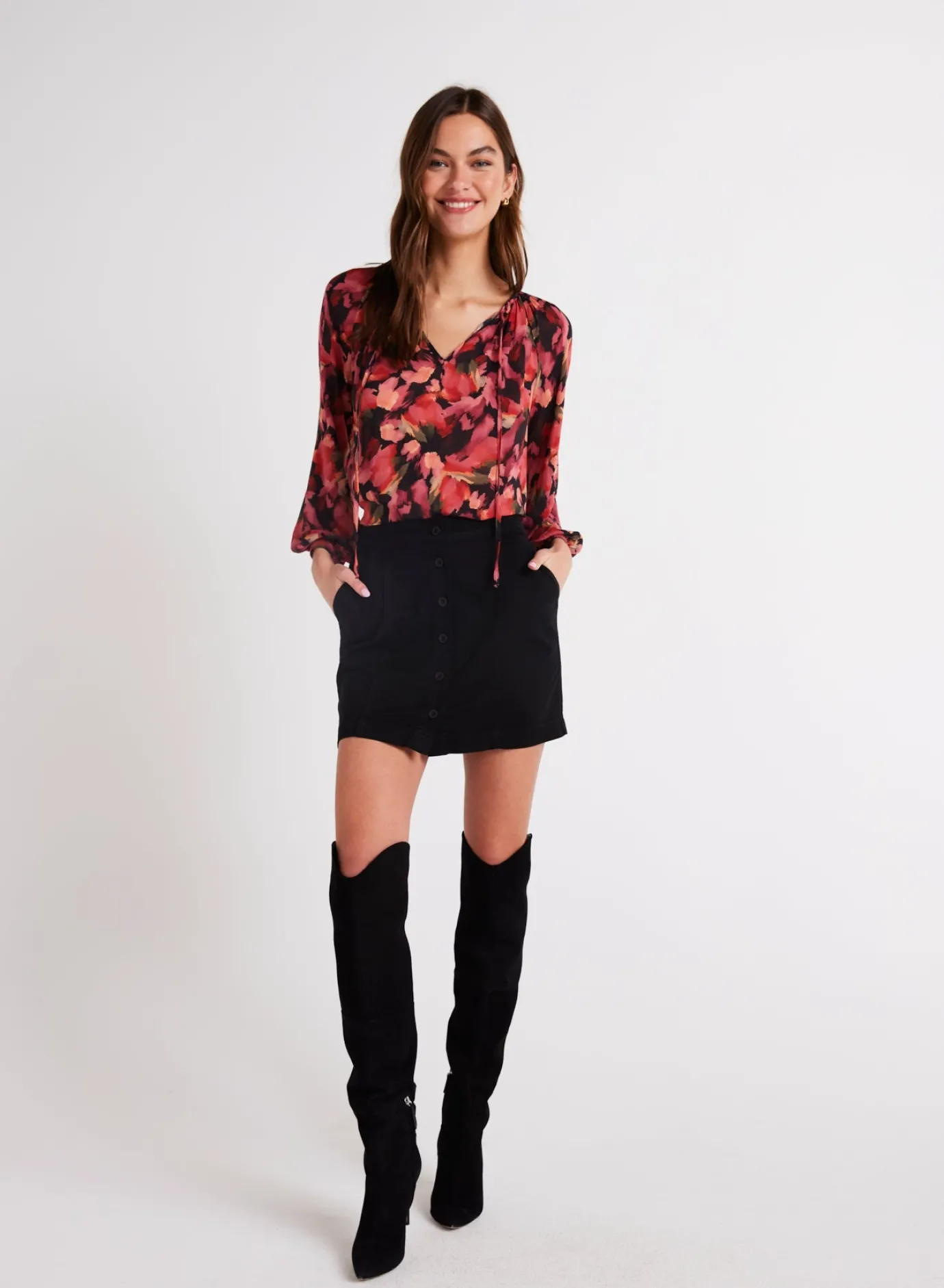 Bella Dahl Shirred Raglan Tie Front Blouse - Autumn Bloom Print- Long Sleeve