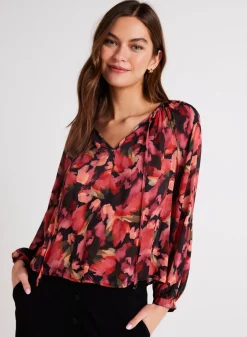 Bella Dahl Shirred Raglan Tie Front Blouse - Autumn Bloom Print- Long Sleeve