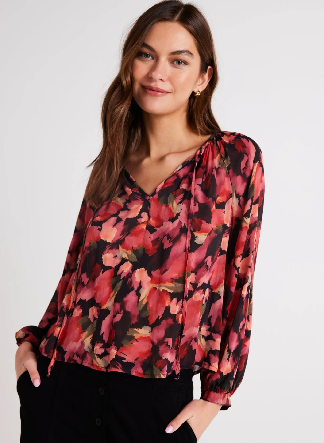 Bella Dahl Shirred Raglan Tie Front Blouse - Autumn Bloom Print- Long Sleeve