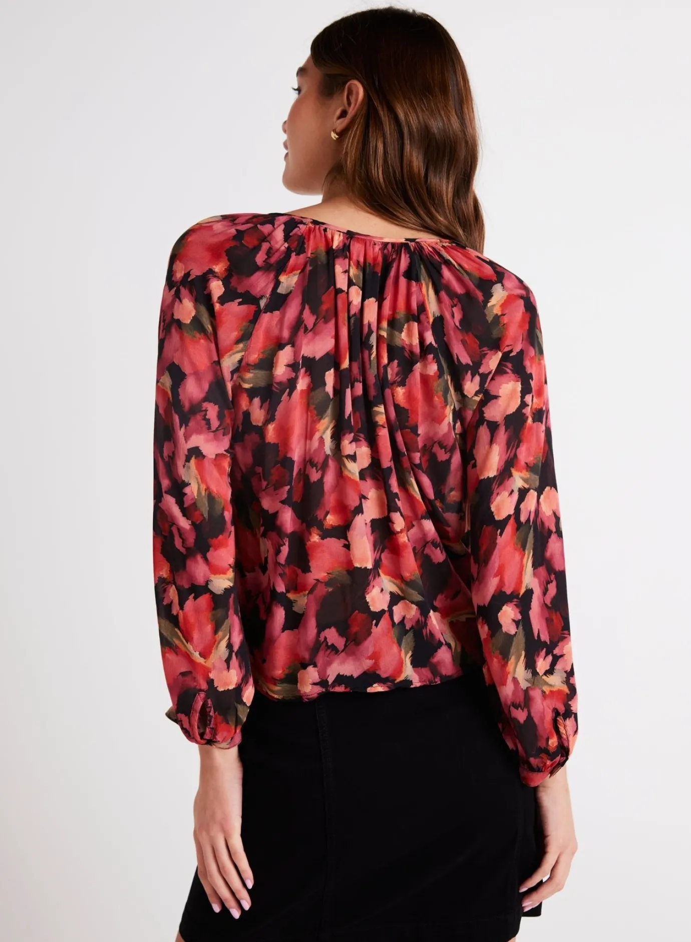 Bella Dahl Shirred Raglan Tie Front Blouse - Autumn Bloom Print- Long Sleeve