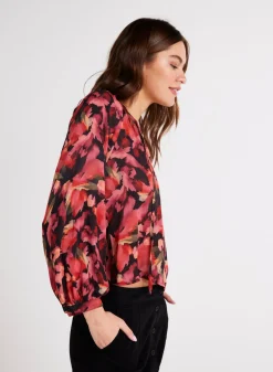 Bella Dahl Shirred Raglan Tie Front Blouse - Autumn Bloom Print- Long Sleeve