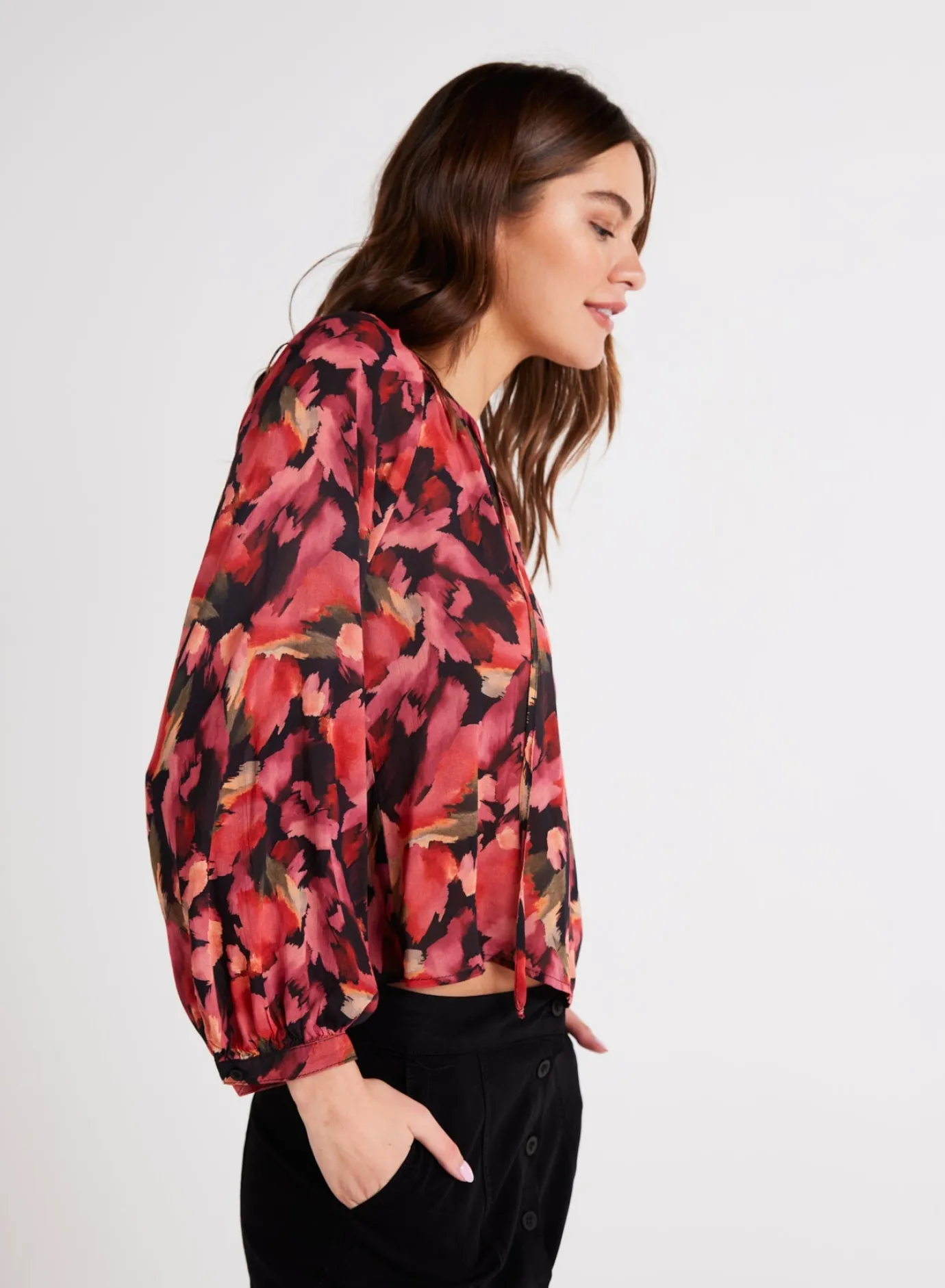 Bella Dahl Shirred Raglan Tie Front Blouse - Autumn Bloom Print- Long Sleeve