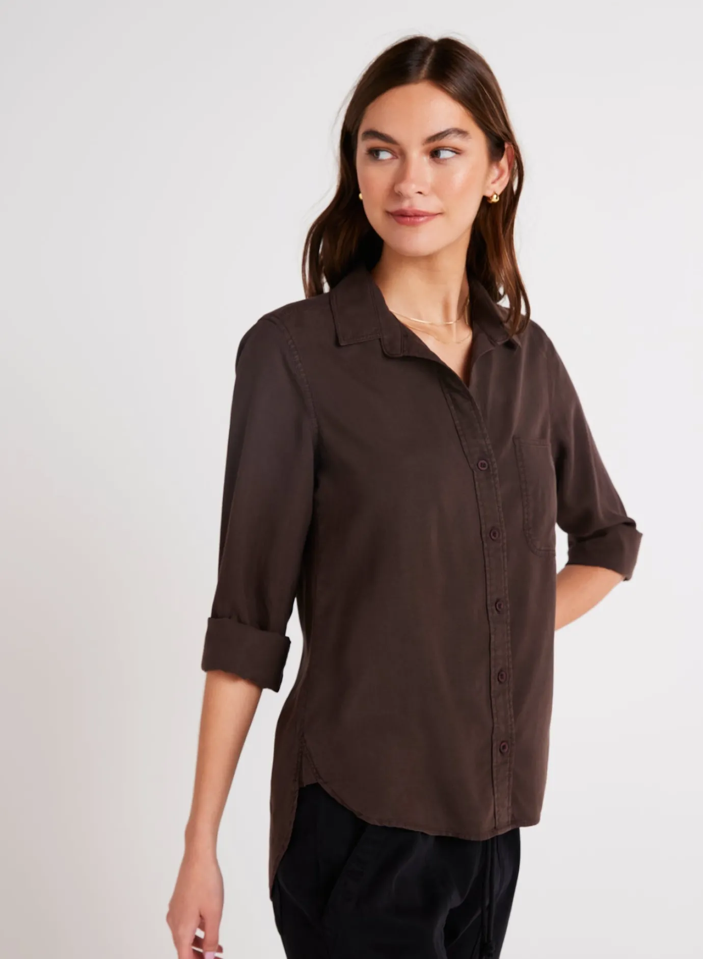 Bella Dahl Shirt Tail Button Down - Chestnut Brown- Essentials Tops