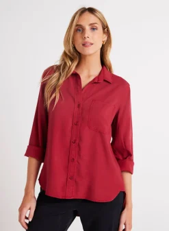 Bella Dahl Shirt Tail Button Down - Ruby Red- Essentials Tops