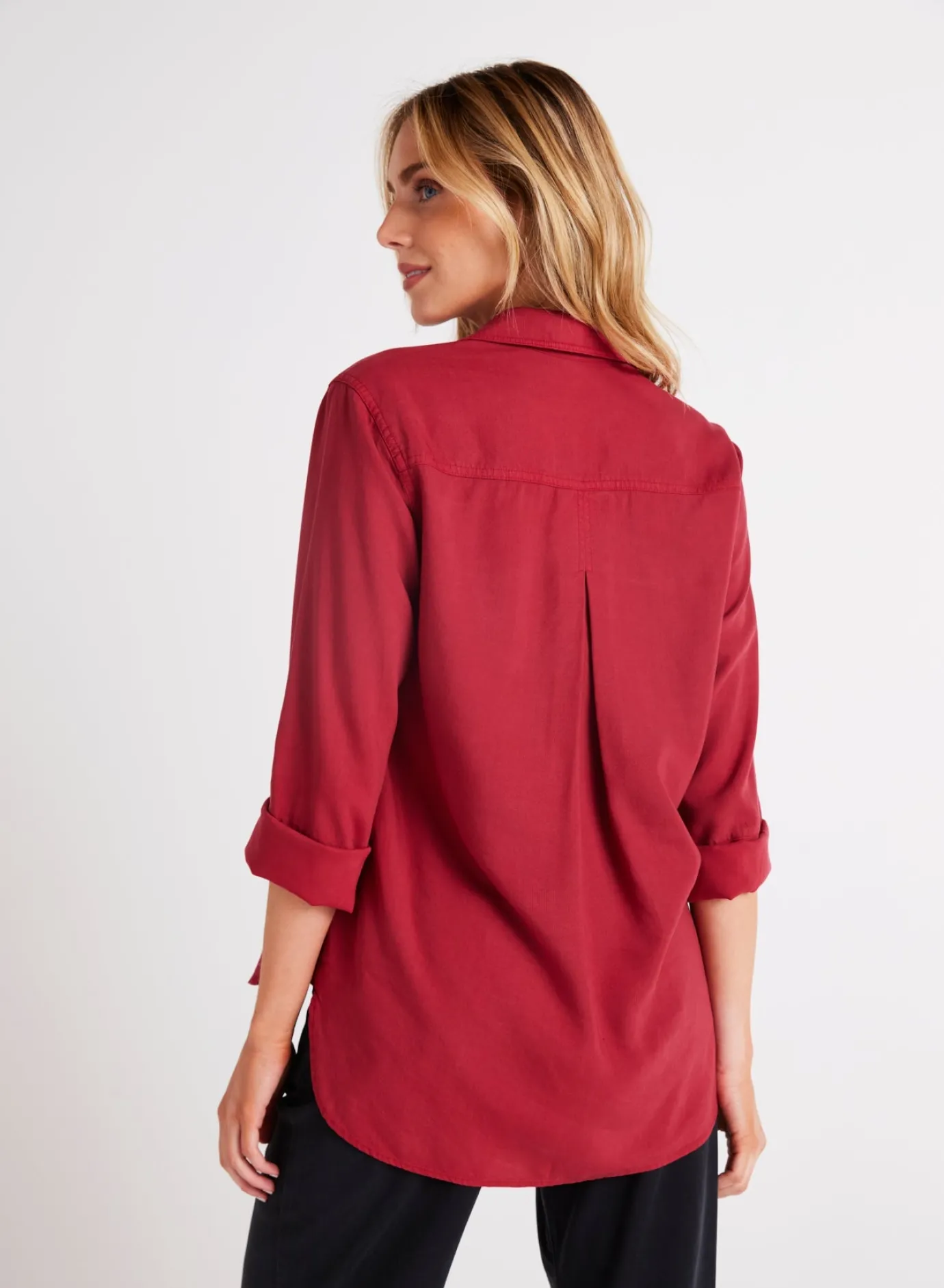 Bella Dahl Shirt Tail Button Down - Ruby Red- Essentials Tops