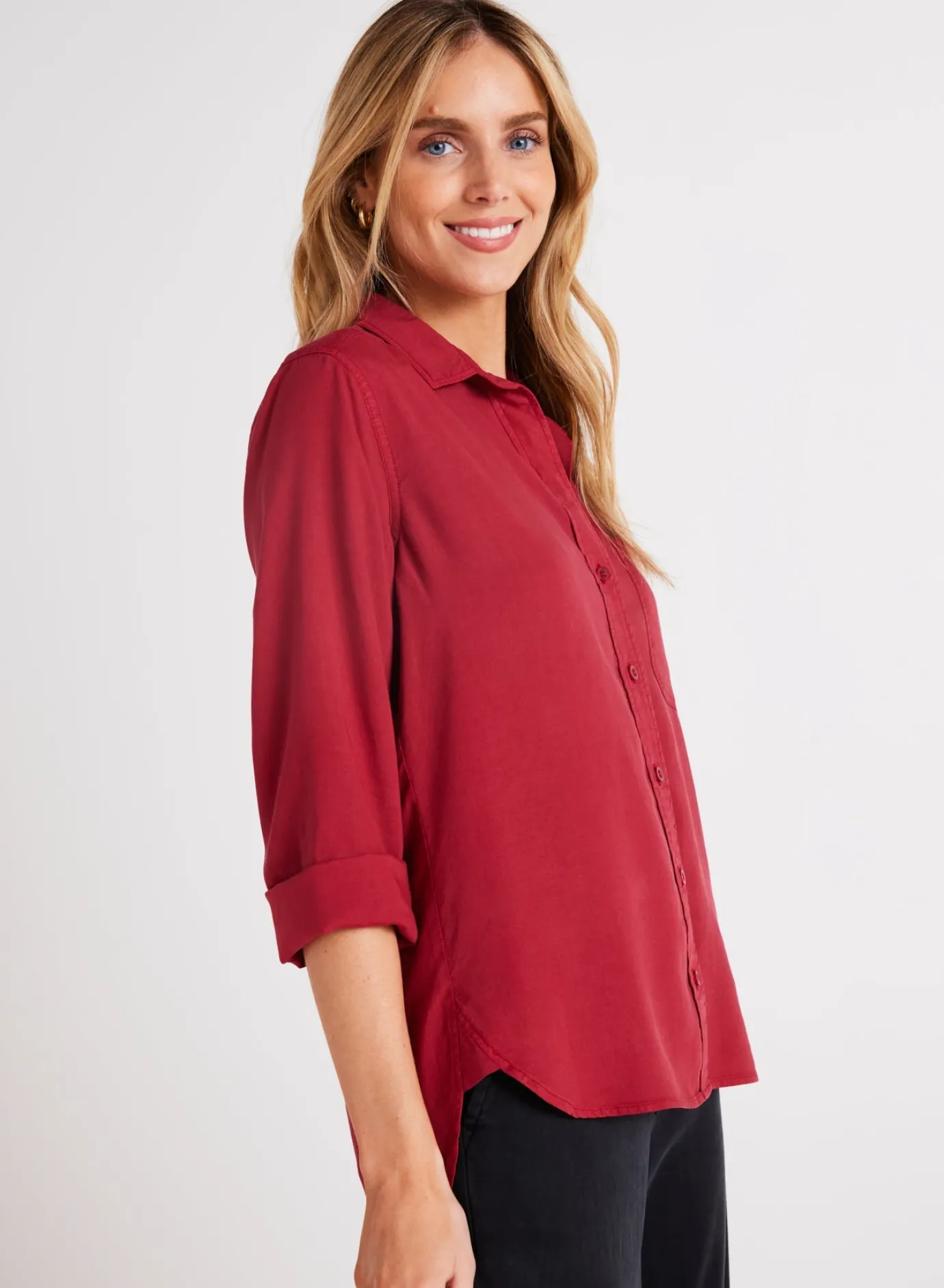 Bella Dahl Shirt Tail Button Down - Ruby Red- Essentials Tops