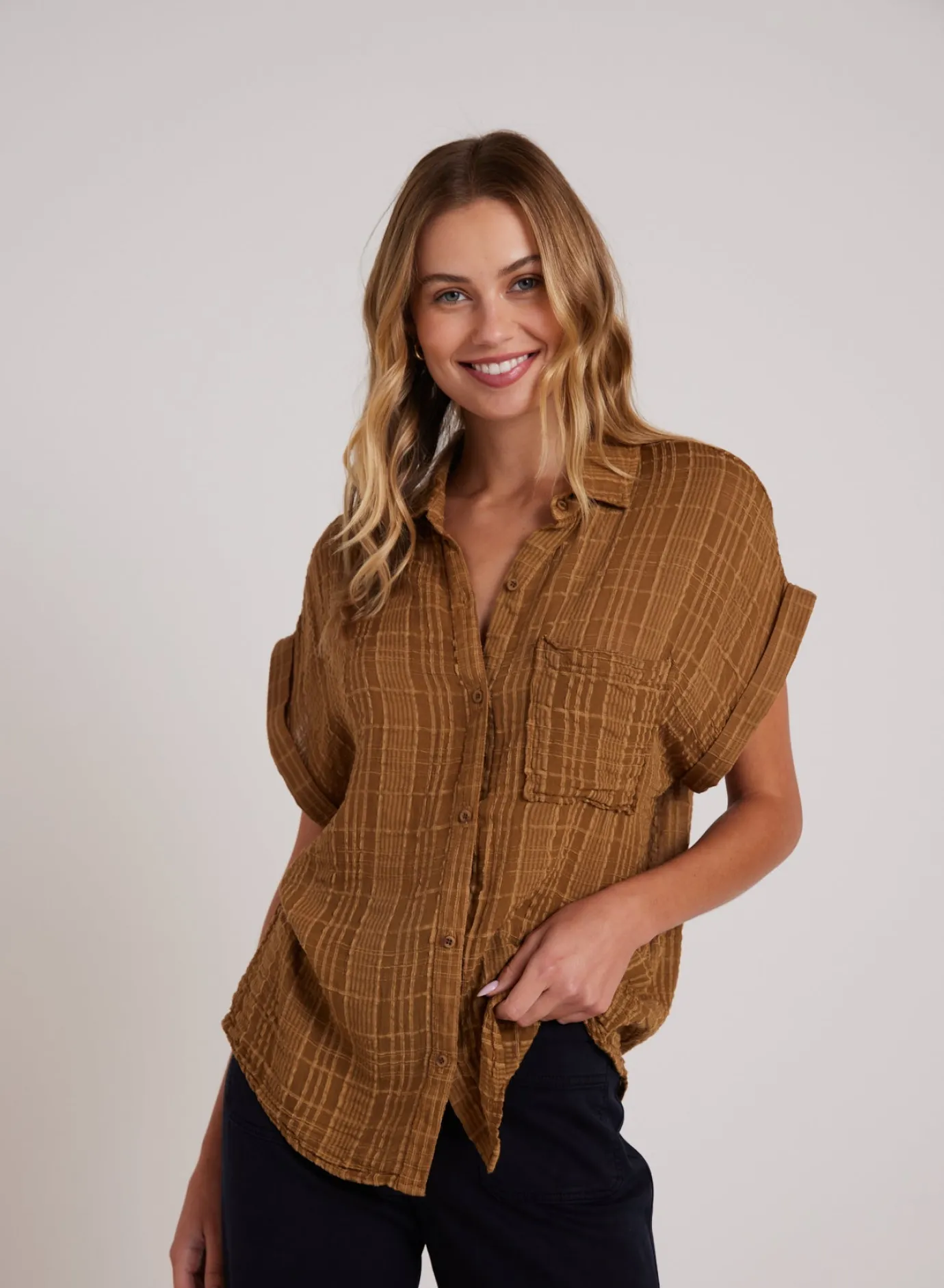 Bella Dahl Short Sleeve Pocket Button Down - Topaz Gold- Long Sleeve